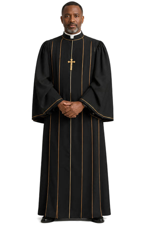 Black clergy pulpit robe for men with gold trim piping, clerical collar, and gold cross pendant
