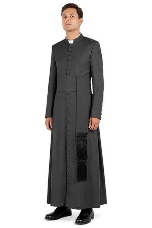 Black cassock for men with button-front closure, cincture sash with fringed tassel, and standup collar