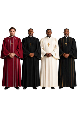 Four men wearing clergy pulpit robes in crimson with white trim, plain black, ivory, and black with gold trim