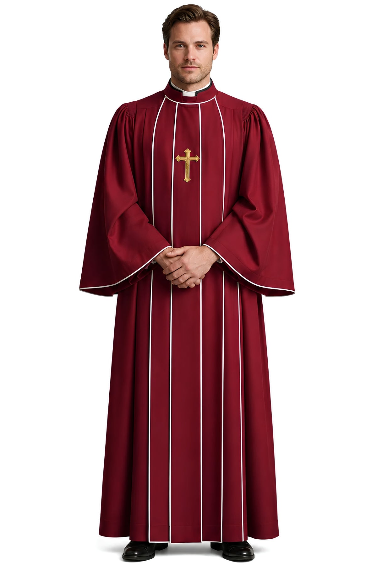 Crimson clergy pulpit robe for men with ivory trim piping, clerical collar, and gold cross pendant