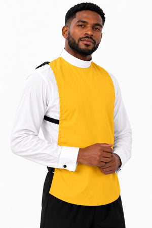 Man wearing a gold full collar clergy shirt front with white collar