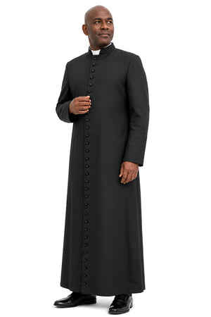 Black cassock for men with 33-button front closure, standup clerical collar, and fitted sleeves