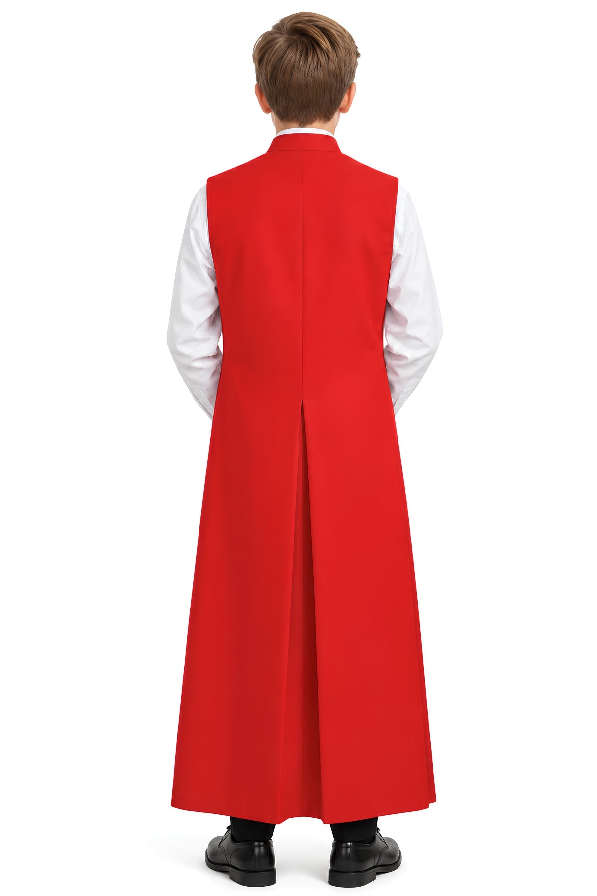 Back view of a red sleeveless altar server cassock with a standup collar and full-length design