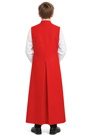Back view of a red sleeveless altar server cassock with a standup collar and full-length design