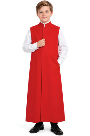 Front view of a red sleeveless altar server cassock with a standup mandarin collar and hidden front button closure