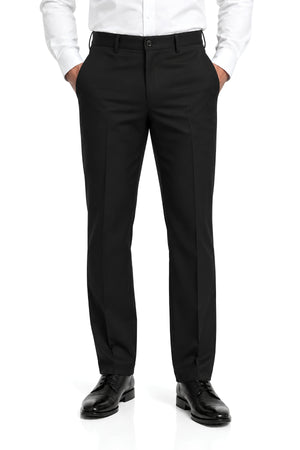 Front view of men's black clergy pants with button closure, zip fly, belt loops, and two front pockets