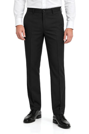 Full front view of black clergy trousers for men styled with a white clergy shirt and black dress shoes