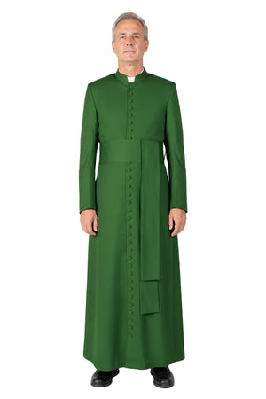 Solid green cassock for men with button-front closure and matching cincture sash