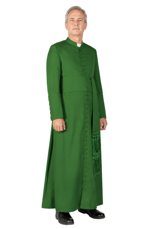 Solid green cassock for men with fringed cincture sash, side angle view