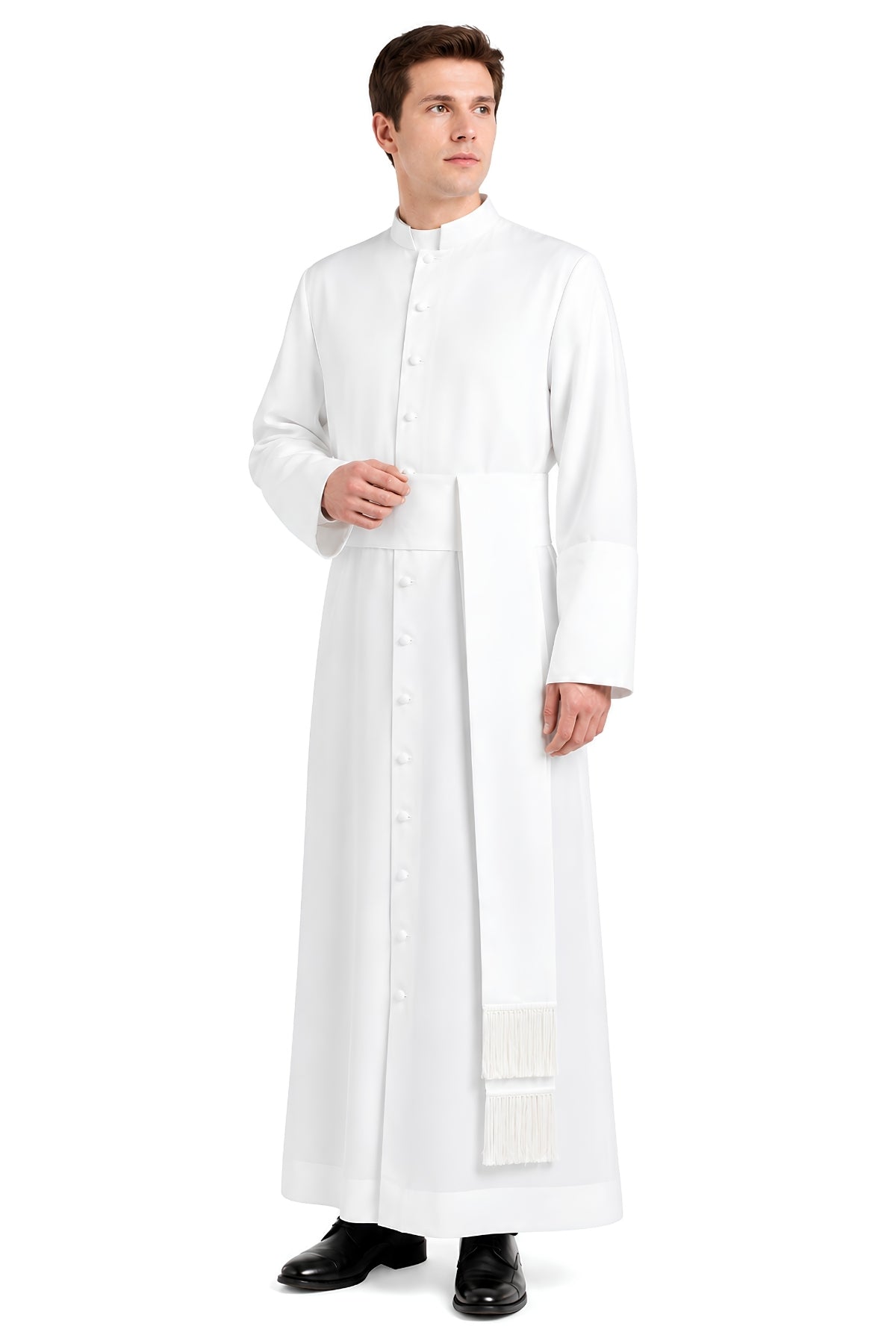 White cassock for men with button-front closure and fringed cincture sash, three-quarter view