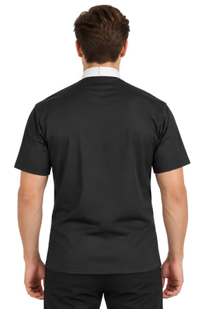 Back view of a black clerical dickey showing the plain black fabric and white collar fastening at the back of the neck.