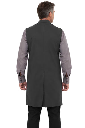 Back view of a men's black clerical apron showing the full-cut 3/4-length design and center back seam