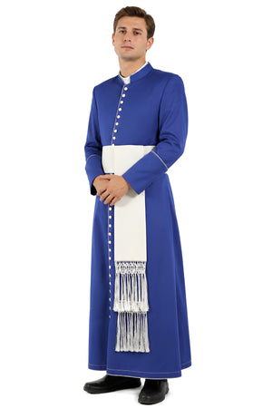 Royal blue cassock for men with white button-front closure and white fringed cincture sash