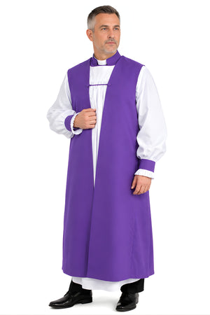 Full front view of a man wearing the Roman purple Shepherd's Watch bishop chimere over a white rochet, featuring a morse closure and matching purple cuffs.