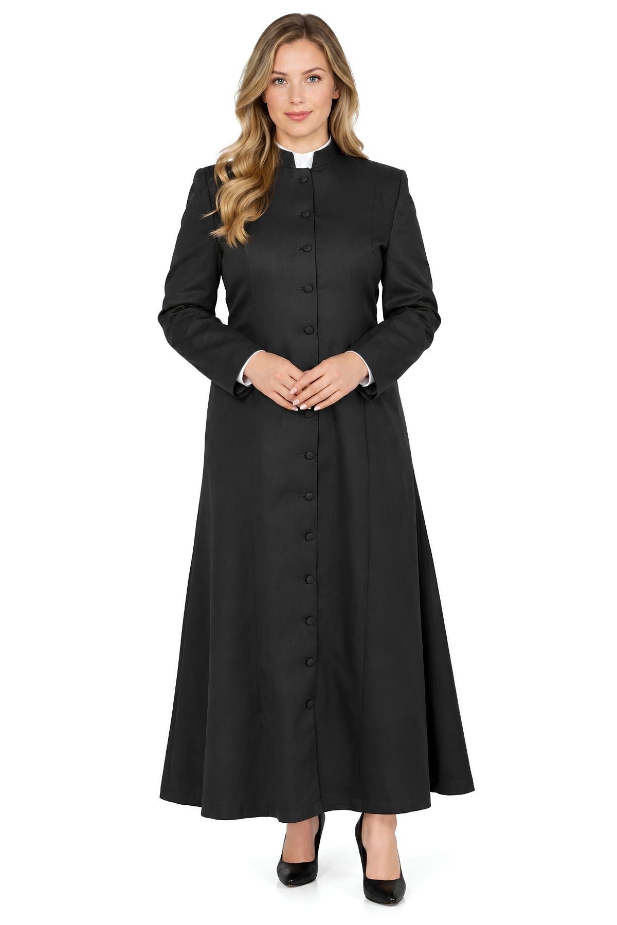 Front view of a women’s black clergy cassock with white clerical collar, full-length design, and button closure