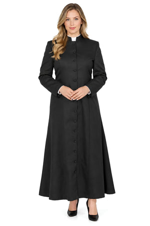 Front view of a women’s black clergy cassock with white clerical collar, full-length design, and button closure