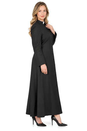 Side view of a women’s black clergy cassock with clergy collar, long sleeves, and button front