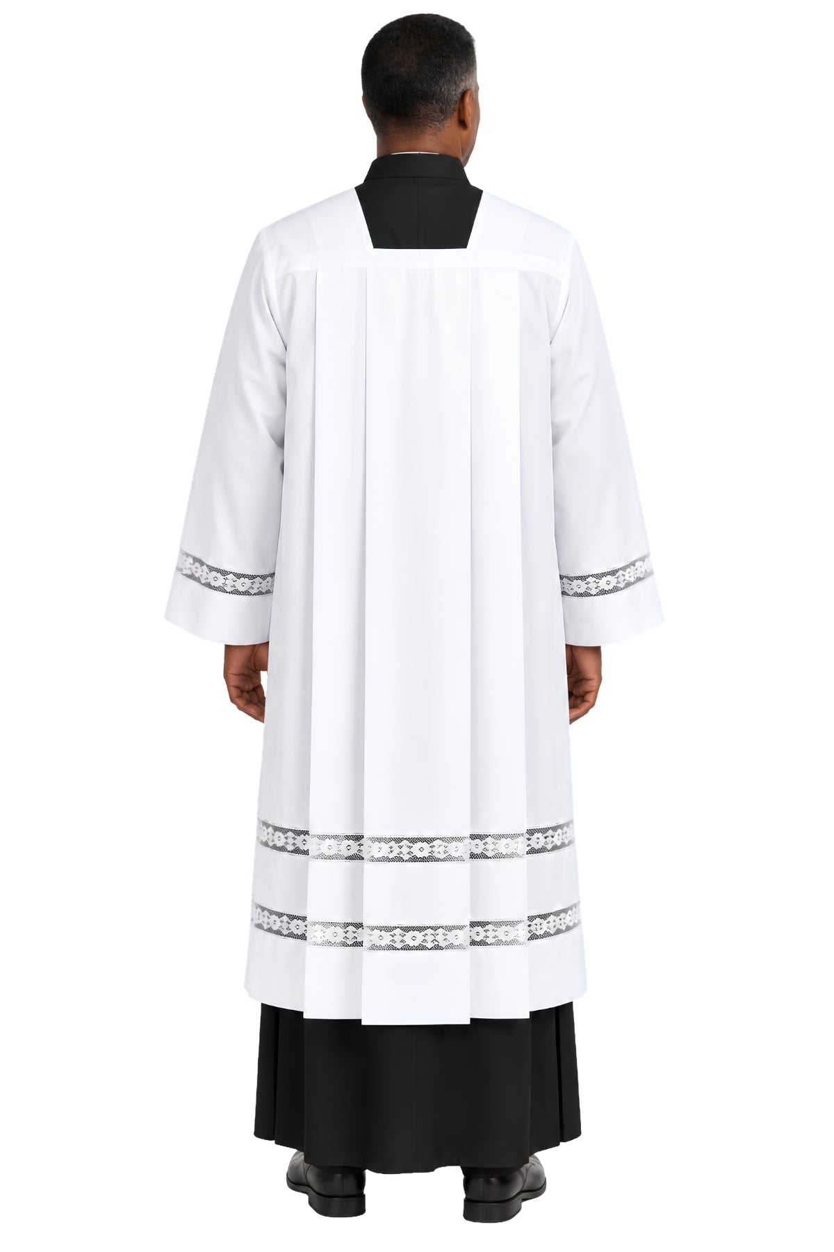 Back view of the Angelic white square neck lace surplice for priests, featuring pleated construction and floral lace trim on the sleeves and hem.