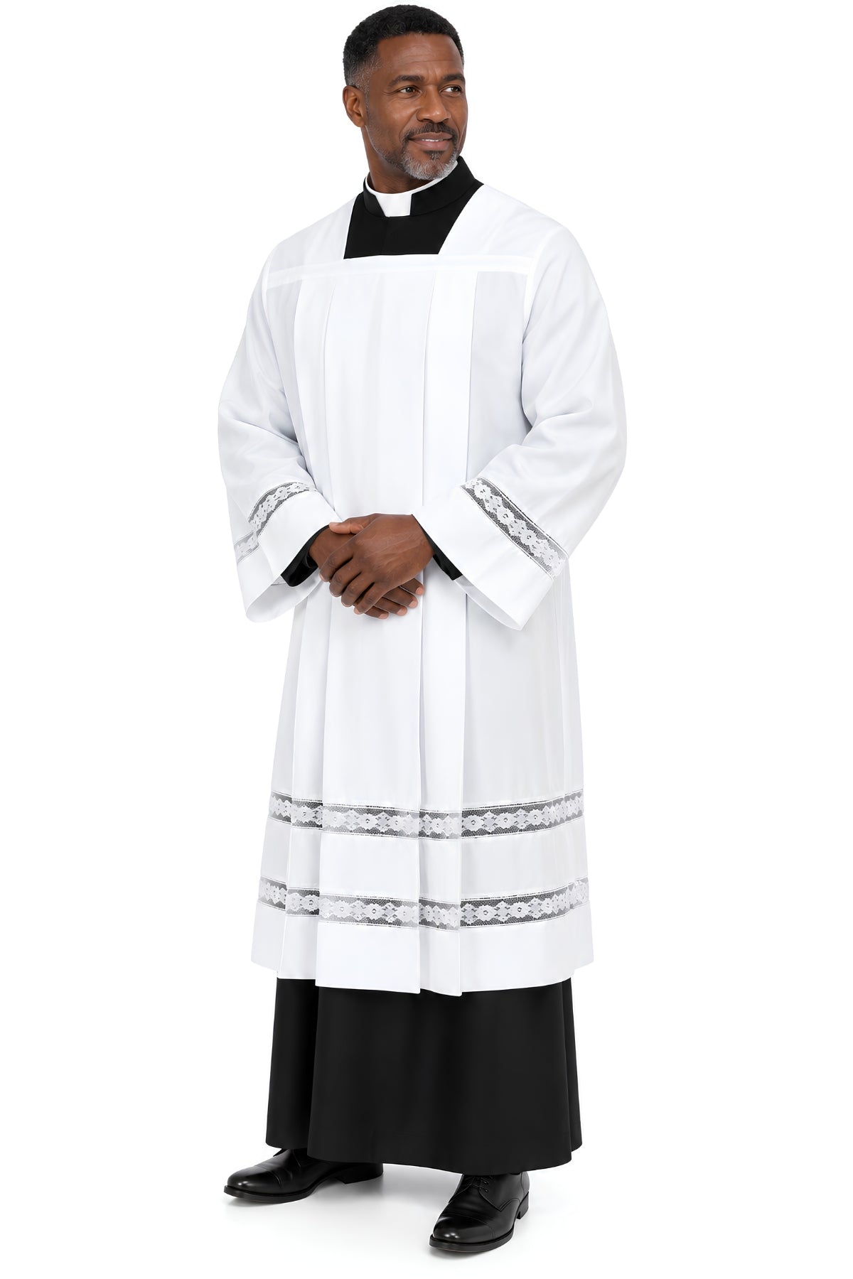 Front view of the Angelic white square neck lace surplice for priests, featuring a traditional square neckline, pleated front, and floral lace trim on the sleeves and hem.