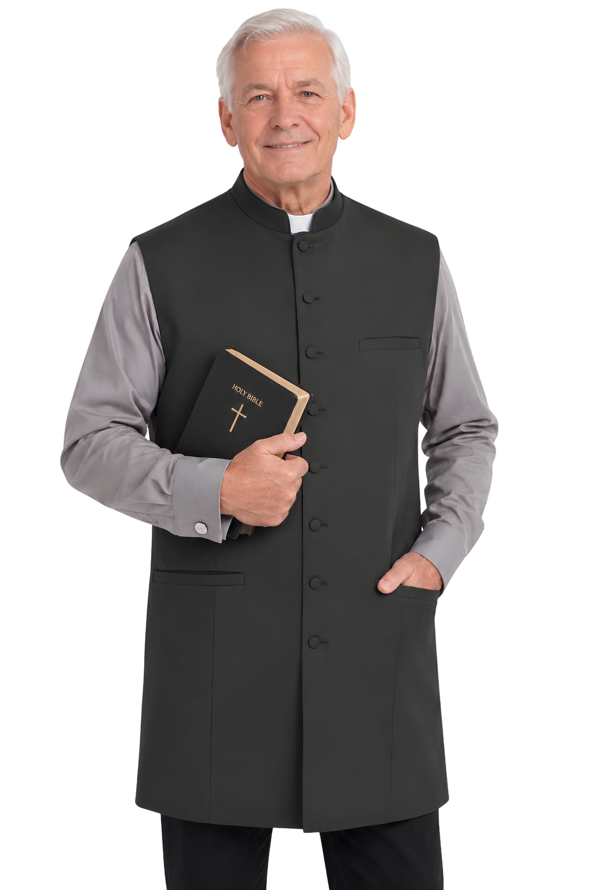 Black long clergy vest for men with mandarin collar, ten-button front, five pockets, and clergy shirt underneath