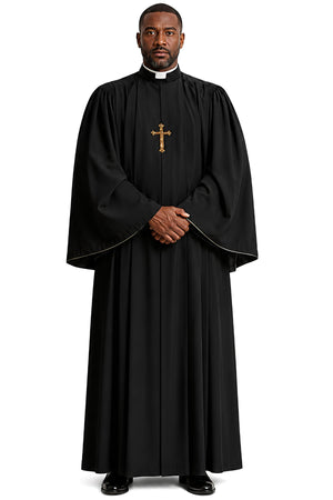 Black clergy pulpit robe for men with wide bell sleeves, clerical collar, and gold cross pendant