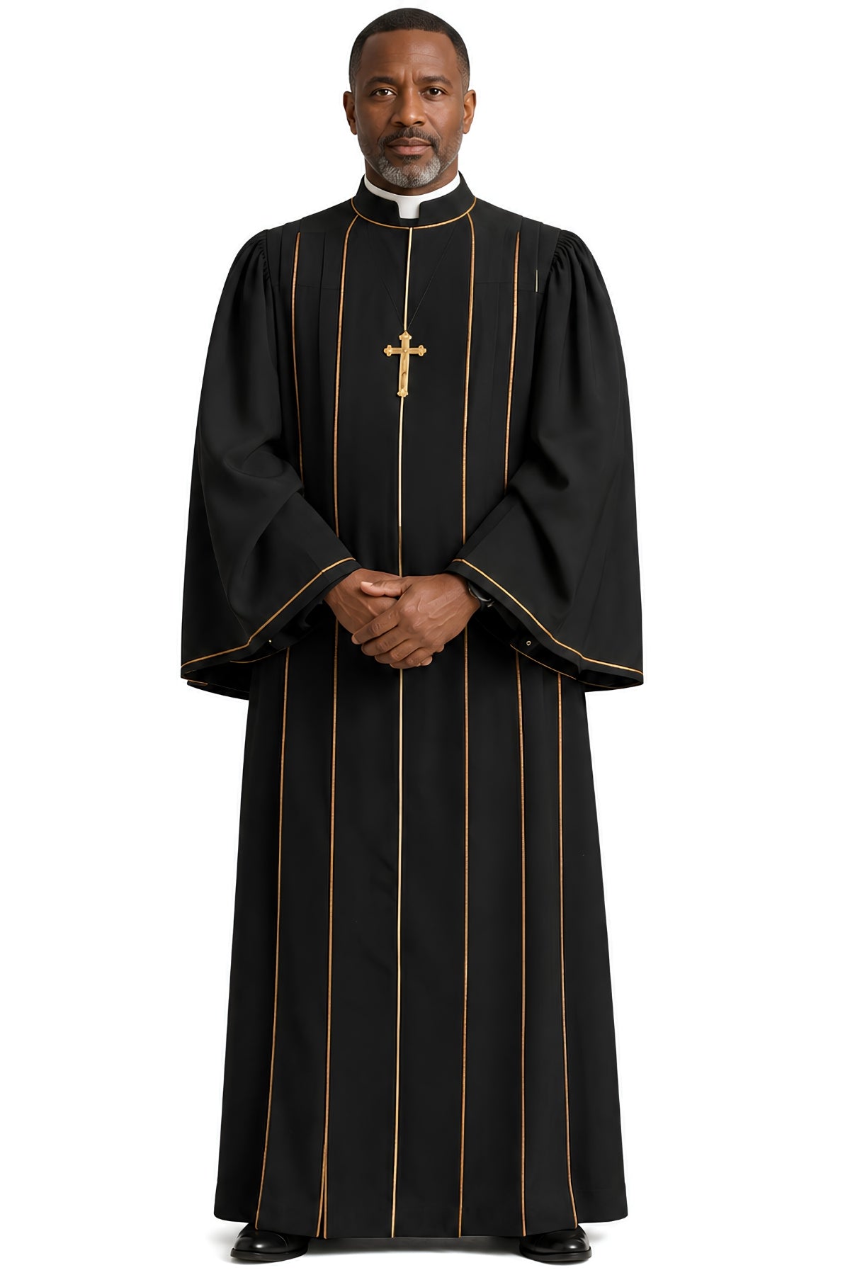 Black clergy pulpit robe for men with gold trim piping, clerical collar, and gold cross pendant