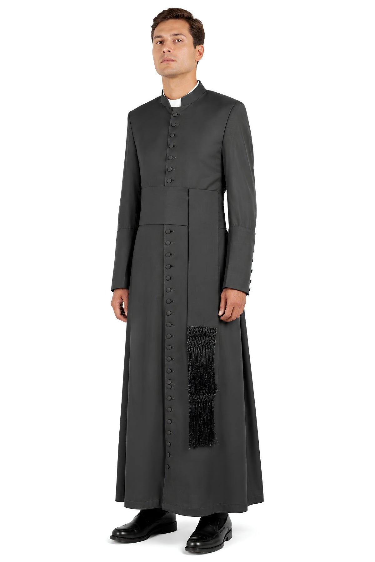 Black cassock for men with button-front closure, cincture sash with fringed tassel, and standup collar