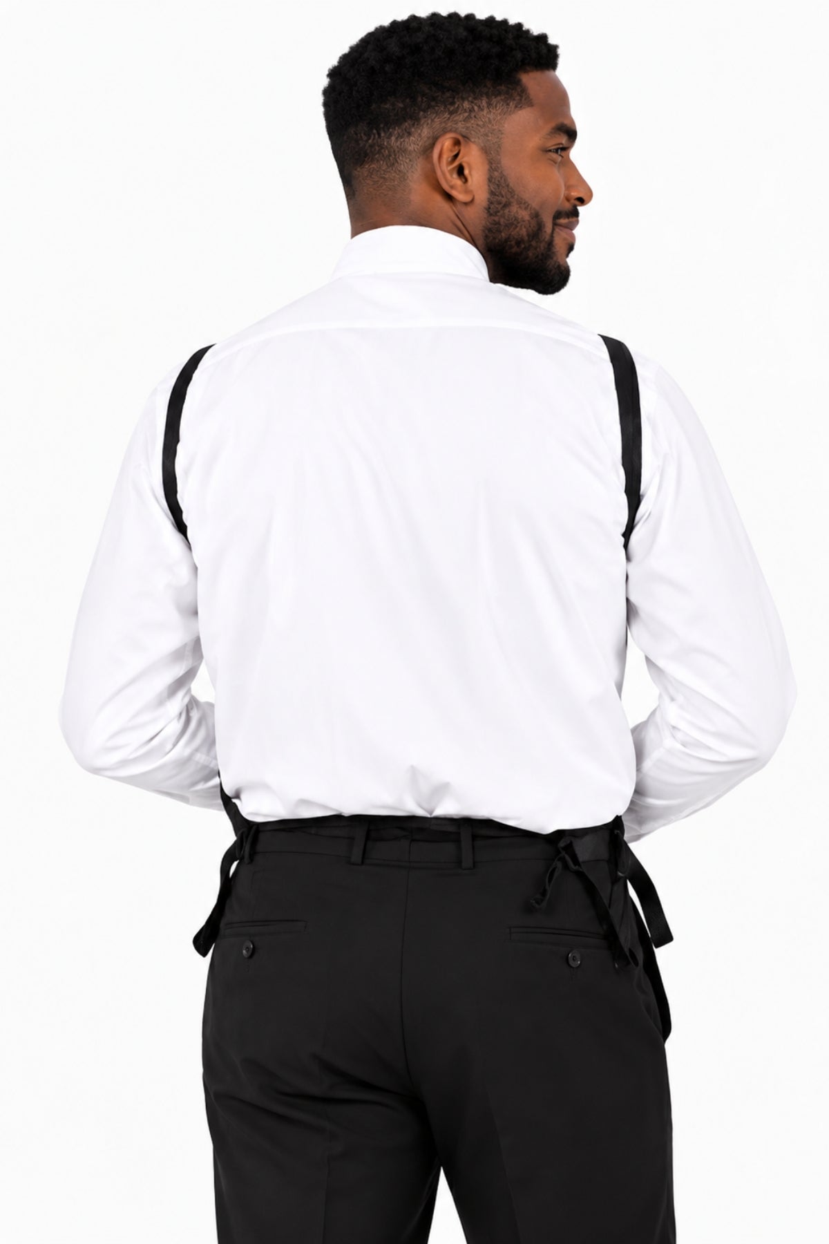 Back view of a full collar clergy shirt front showing the neck and waist fastening