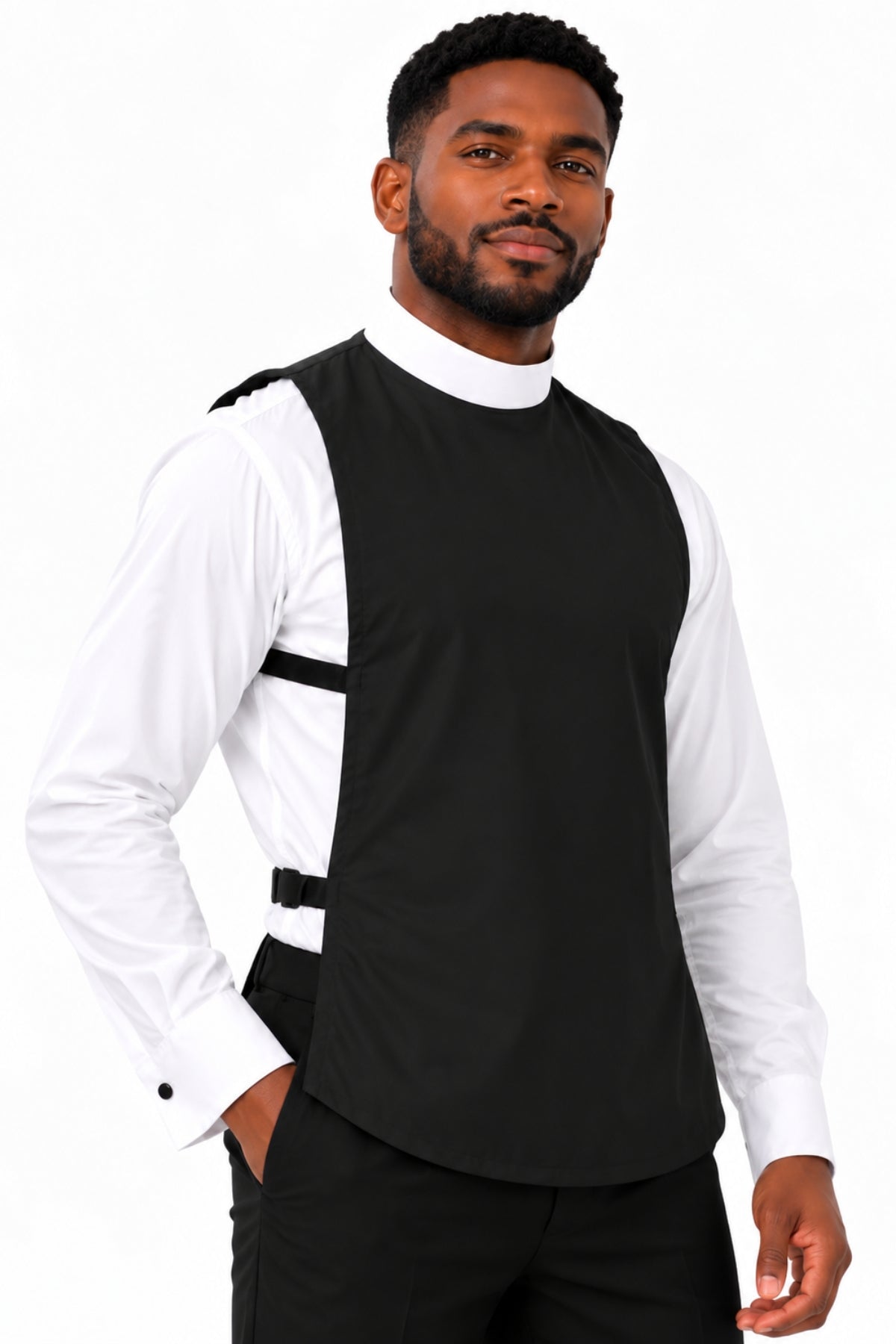 Man wearing a black full collar clergy shirt front with white collar