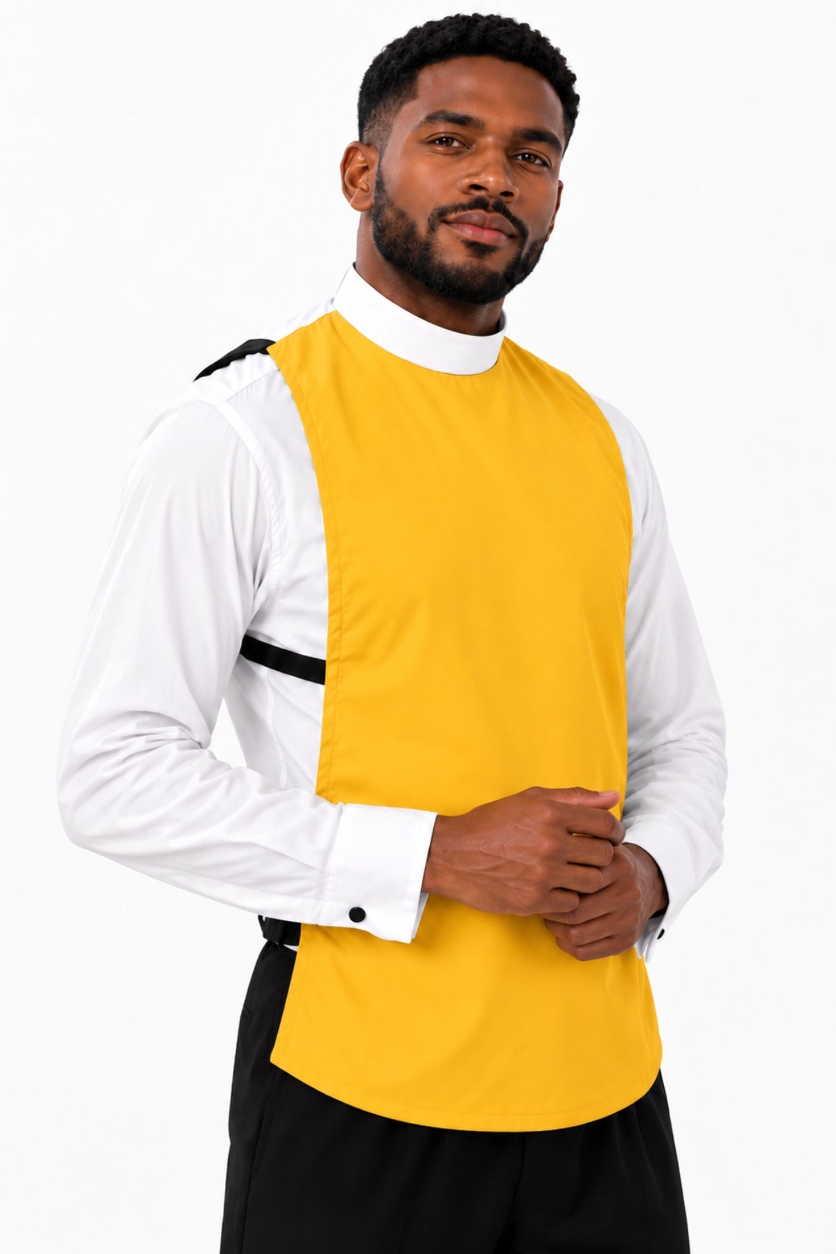 Man wearing a gold full collar clergy shirt front with white collar