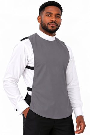 Man wearing a gray full collar clergy shirt front with white collar