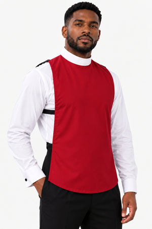 Man wearing a red full collar clergy shirt front with white collar