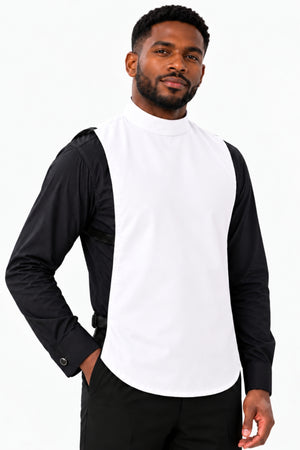 Man wearing a white full collar clergy shirt front over a black clerical shirt