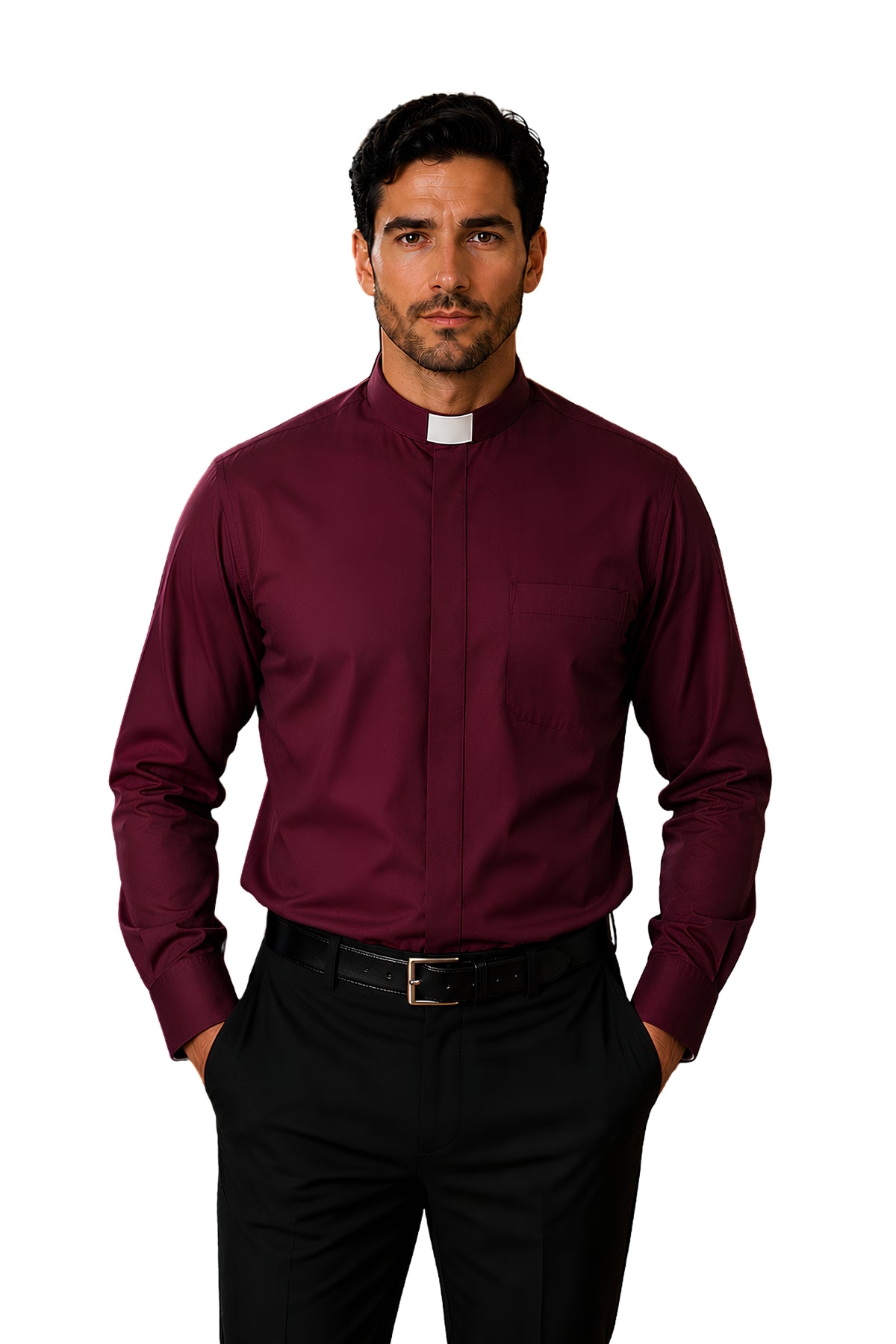 Man wearing a maroon long-sleeve clergy shirt with white tab collar, concealed front placket, and left chest pocket