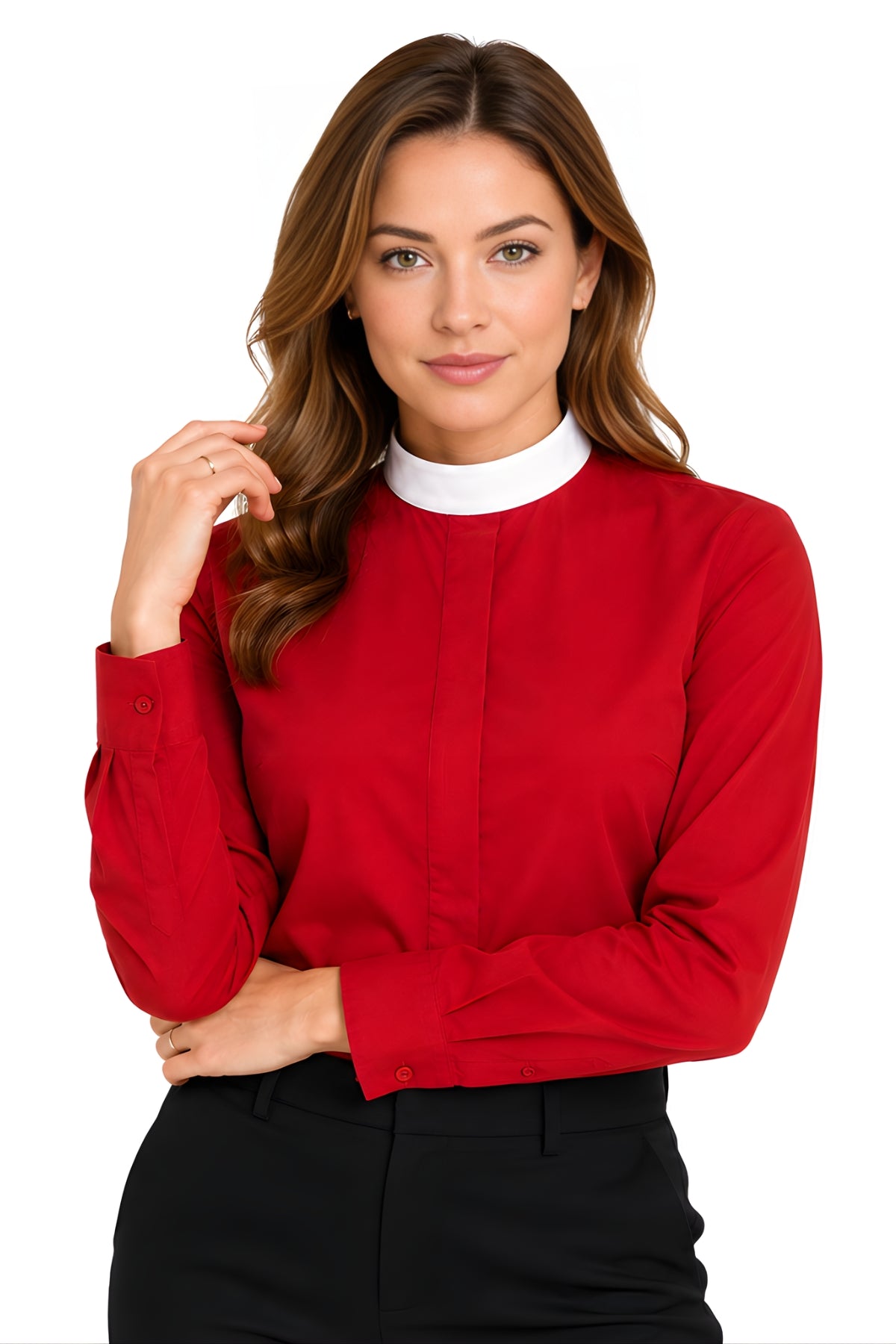 Woman wearing a red long-sleeve clergy shirt with structured white neckband collar and concealed front closure