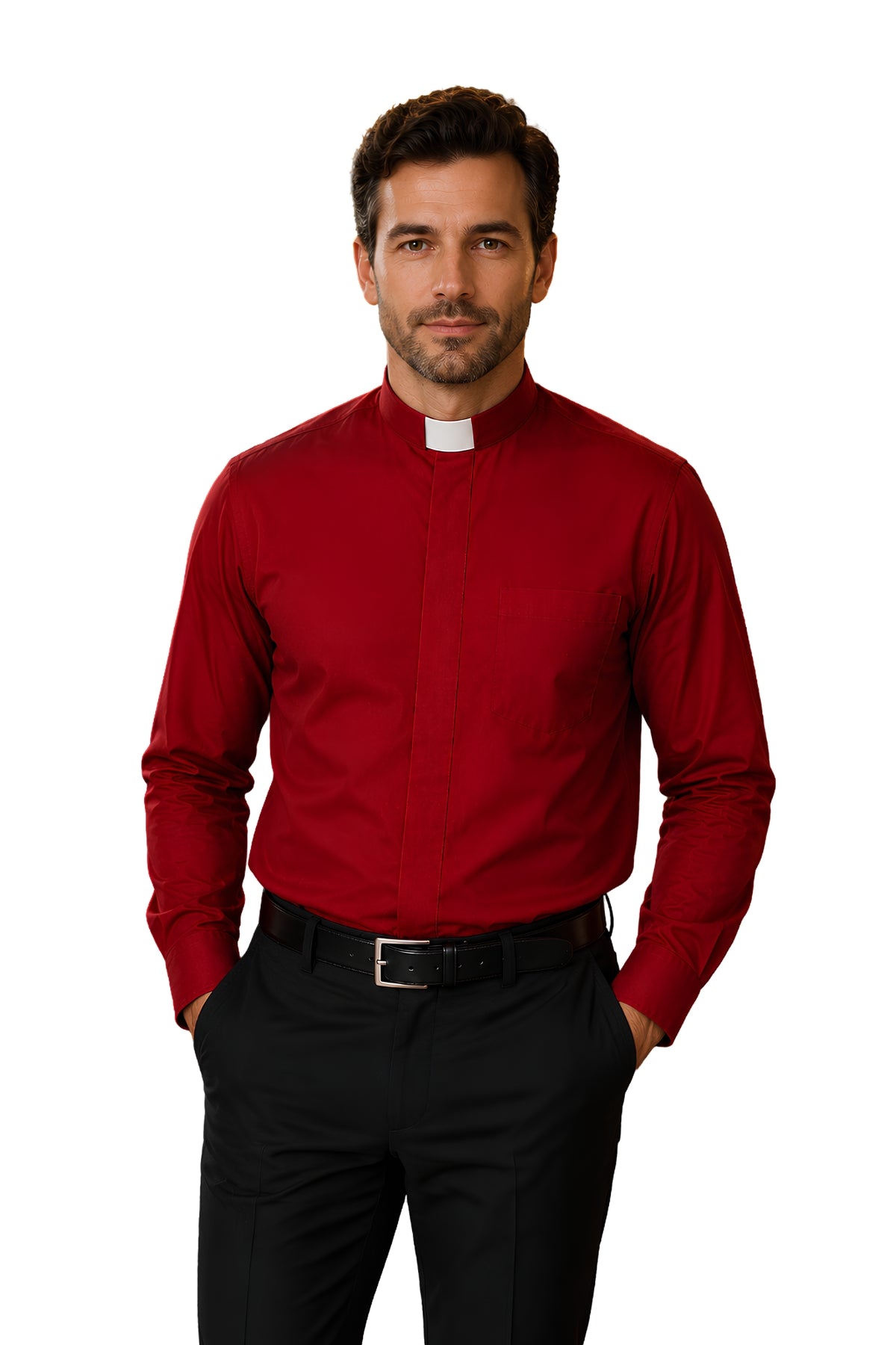 Man wearing a red long-sleeve clergy shirt with white tab collar, concealed front placket, and left chest pocket
