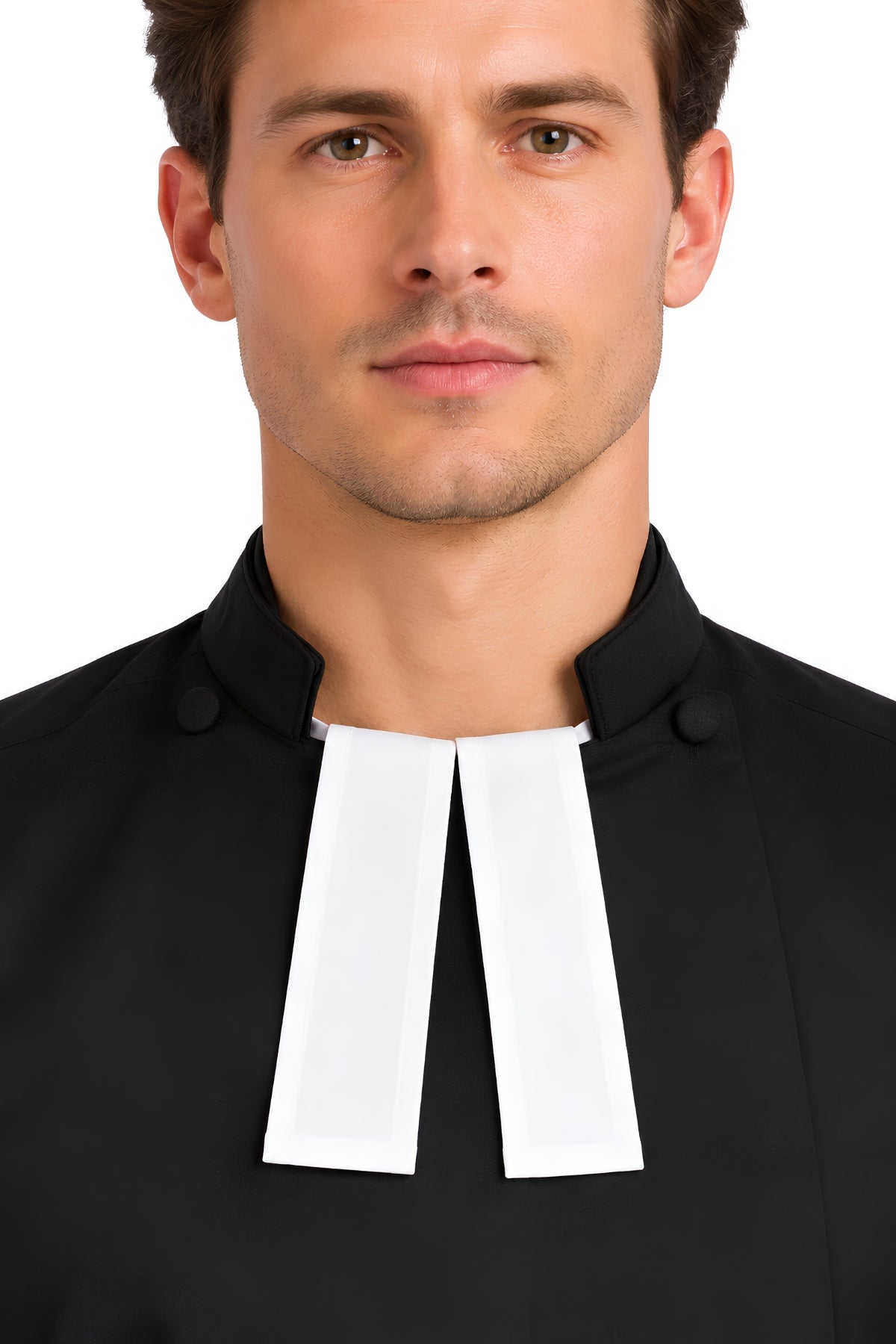 White Faithful Presence preaching bands worn at the collar of a black clergy shirt, showing the traditional tuck-in style.