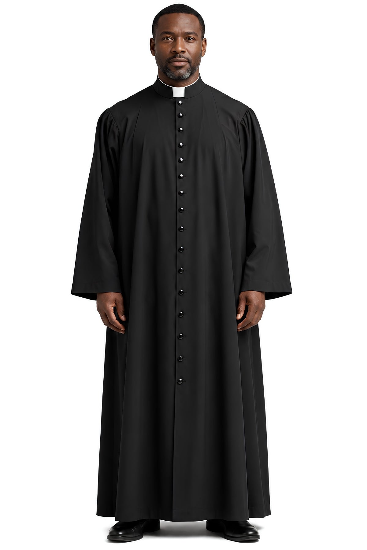 Black clergy cassock for men with full-length button-front closure, standup clerical collar, pleated shoulders, and bell sleeves