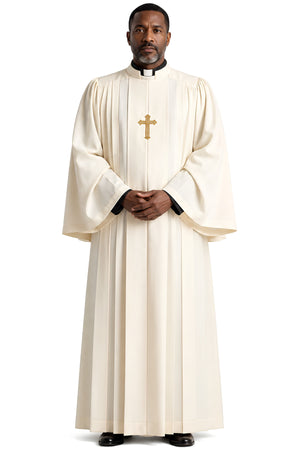 Ivory clergy pulpit robe for men with pleated front, clerical collar, and gold cross pendant