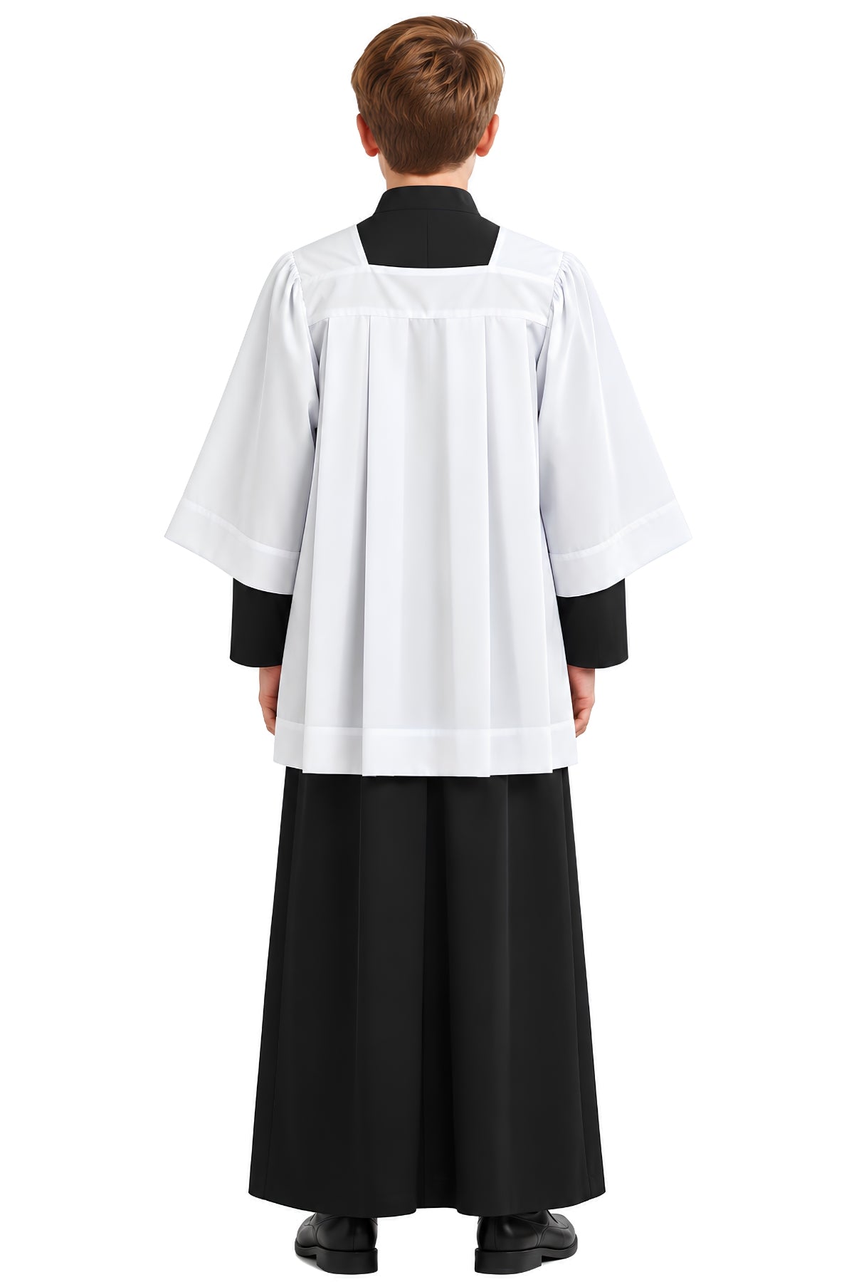 Young altar server wearing a white square neck surplice over a black cassock, shown from the back with four structured pleats, full sleeves, and square yoke.