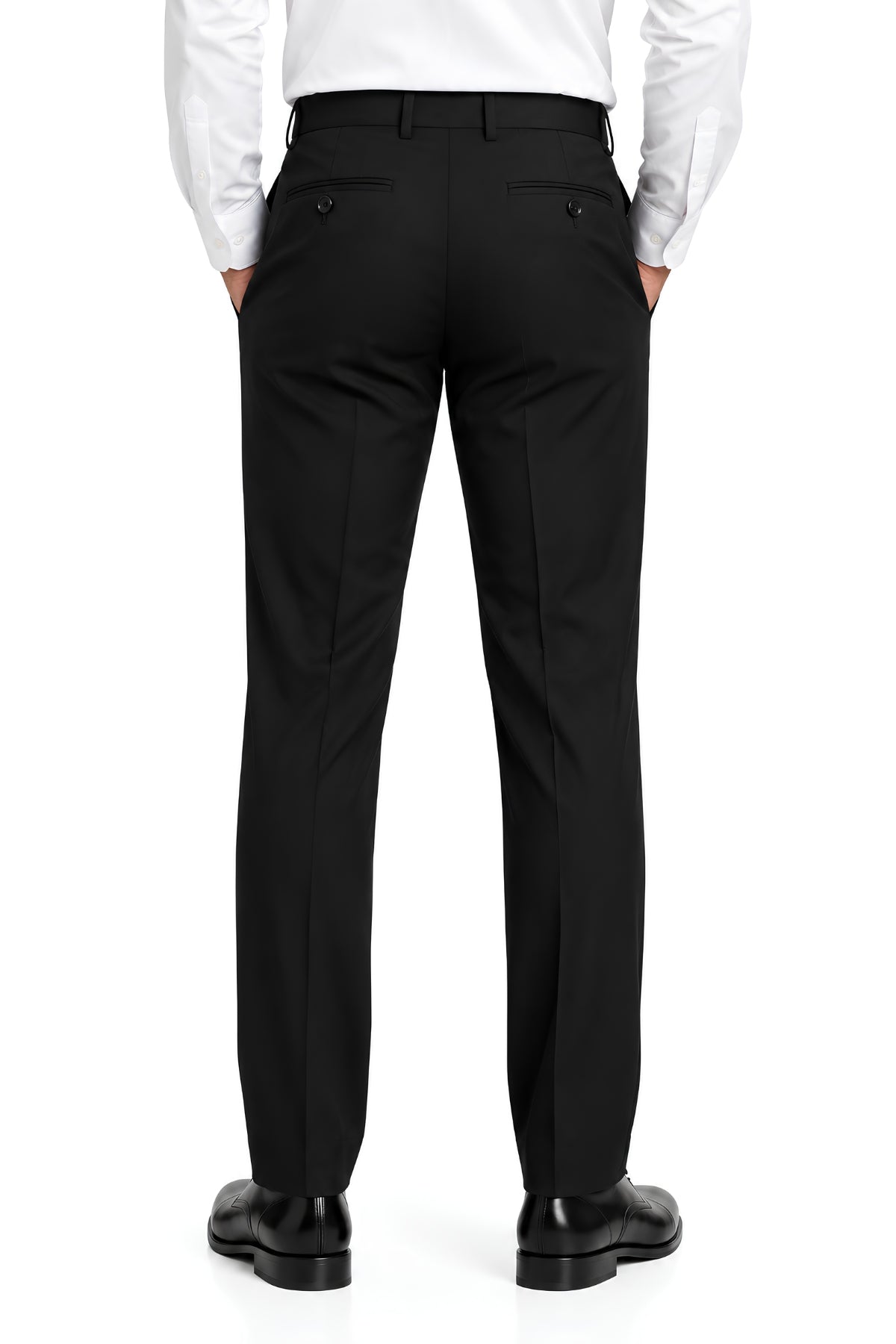 Back view of men's black clergy pants showing two rear pockets, belt loops, tailored fit, and straight-leg design