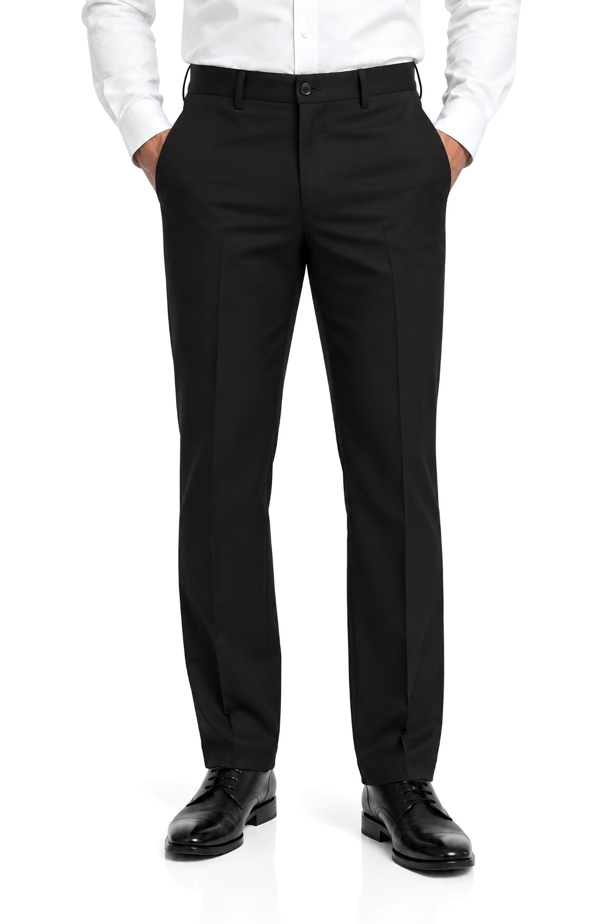 Front view of men's black clergy pants with button closure, zip fly, belt loops, and two front pockets
