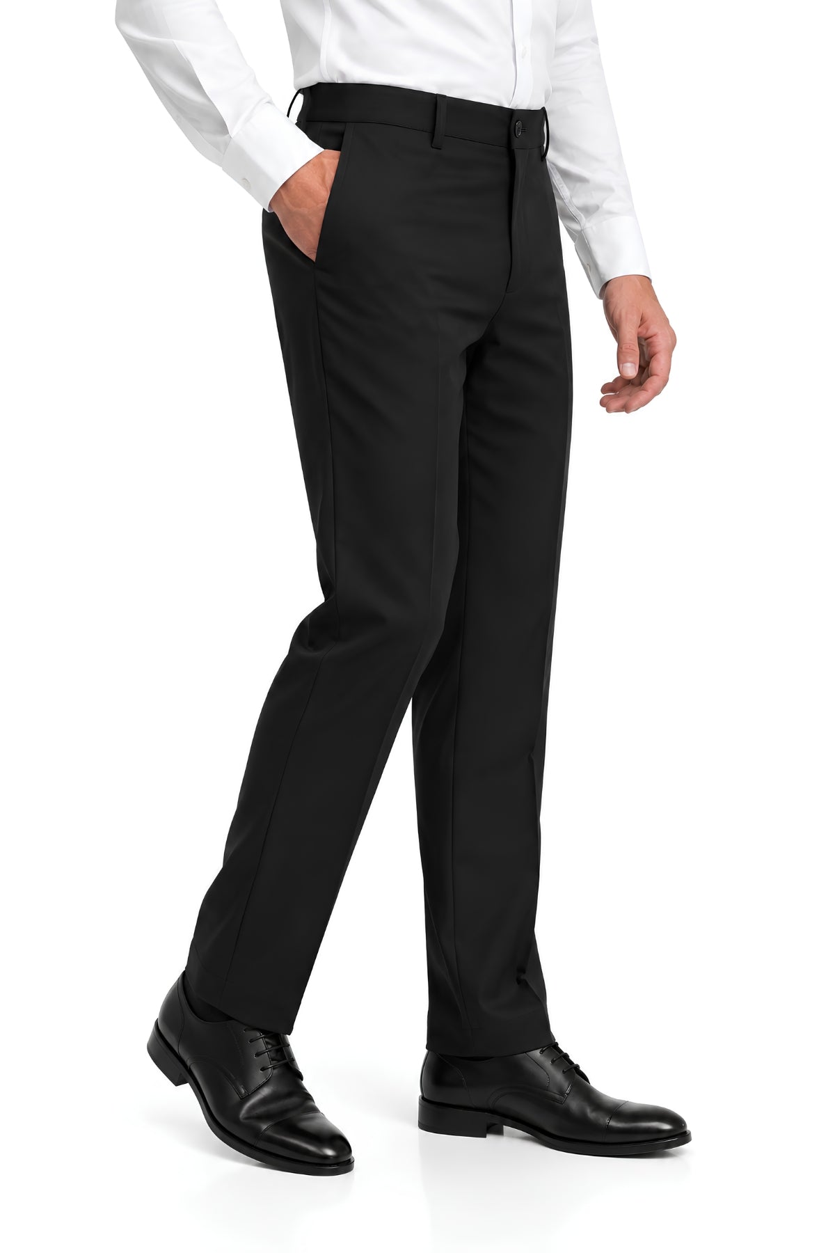 Side view of men's black clergy trousers showing the tailored straight-leg fit and practical side pocket