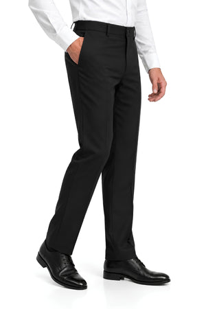 Side view of men's black clergy trousers showing the tailored straight-leg fit and practical side pocket