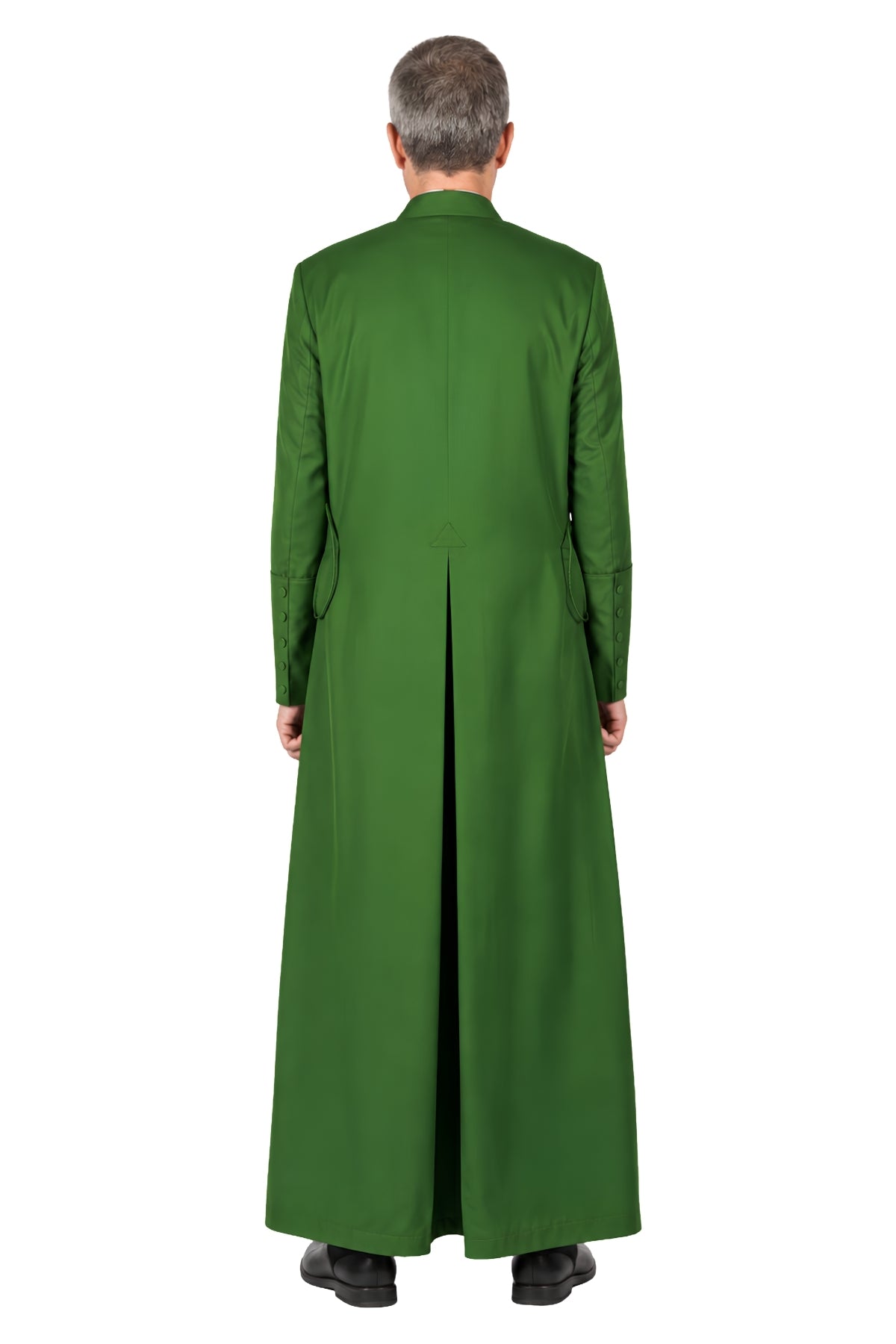 Back view of solid green cassock for men showing pleated back skirt and standup collar