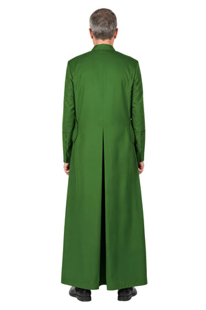 Back view of solid green cassock for men showing pleated back skirt and standup collar