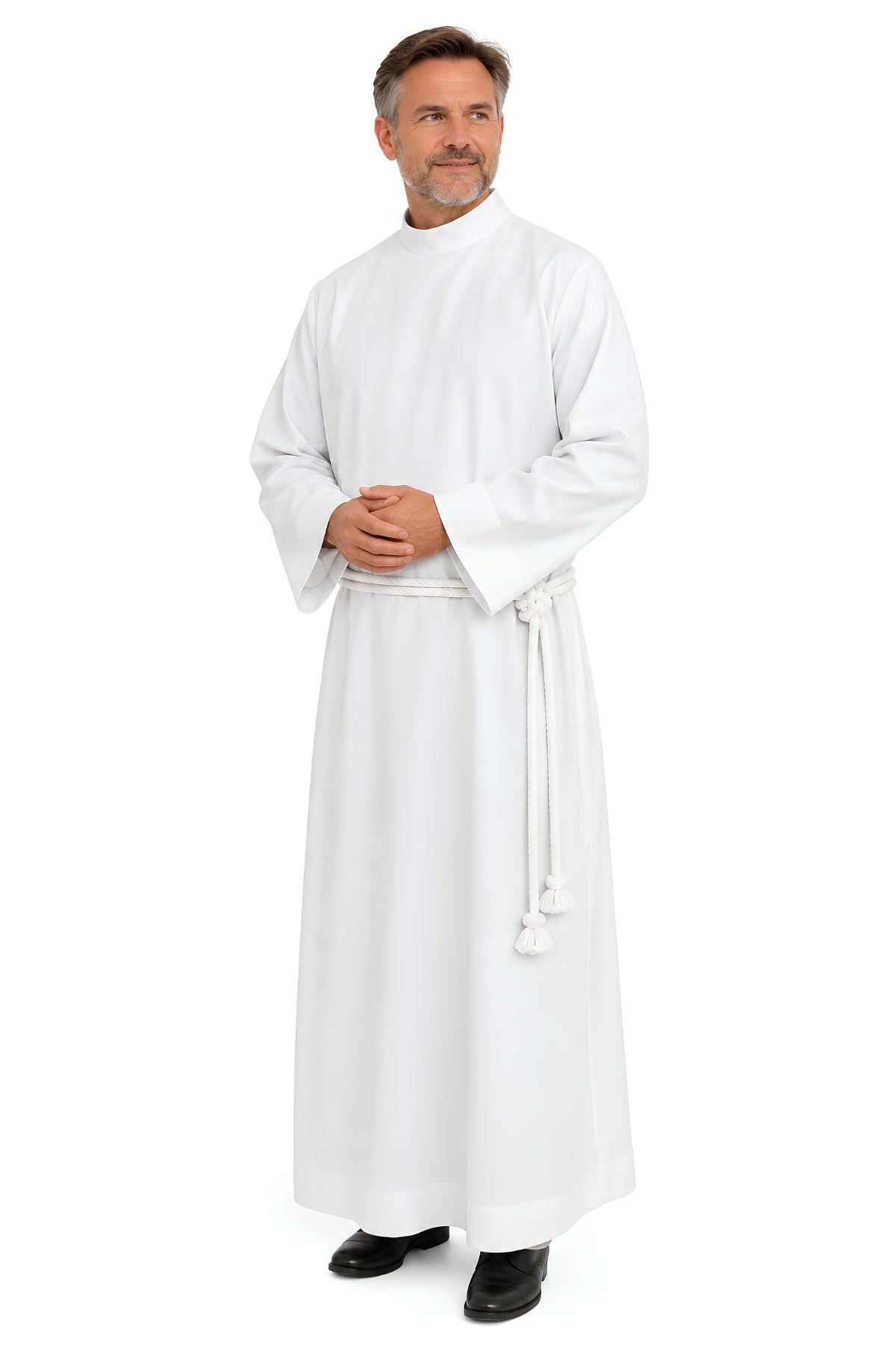 Pure Devotion white front wrap alb for men with raised collar, graceful drape, long sleeves, and full-length clerical design.