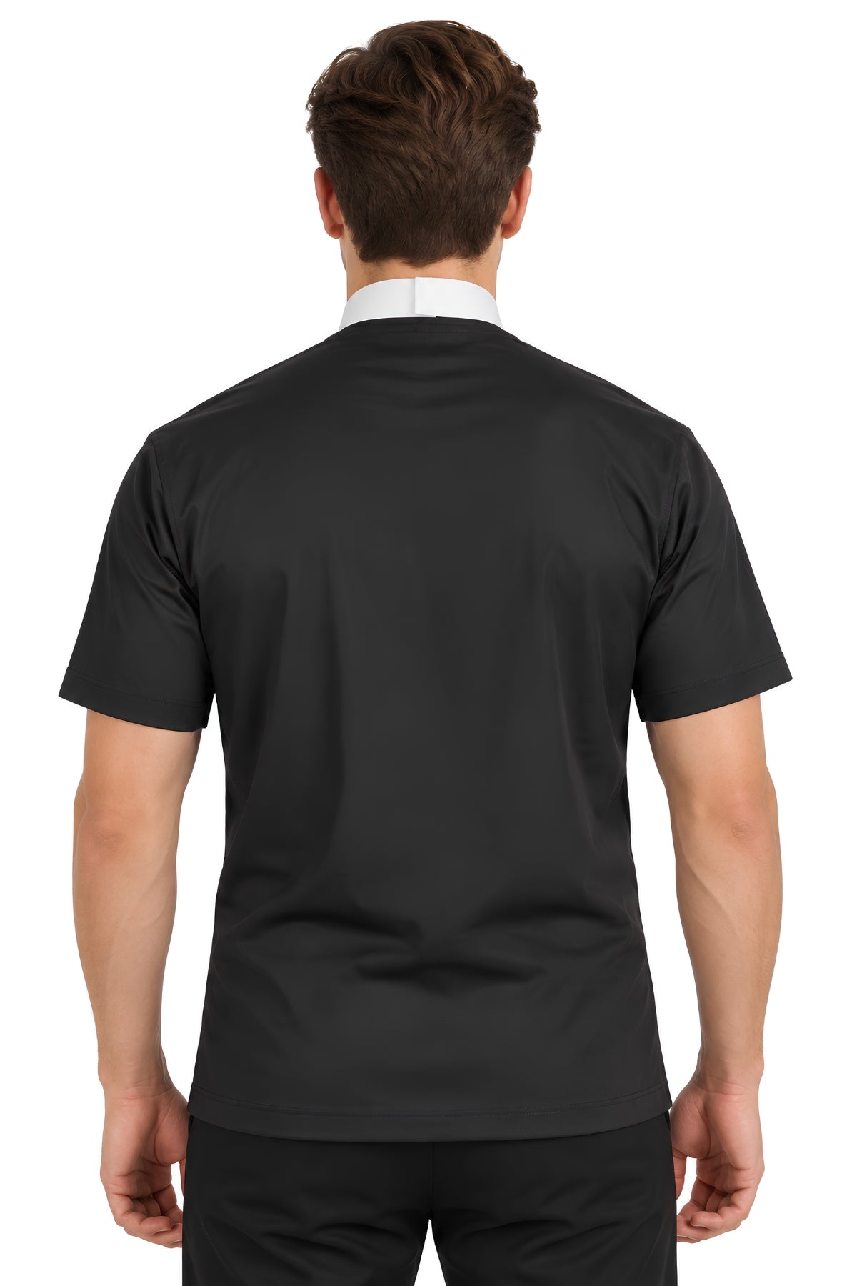 Back view of a black clerical dickey showing the plain black fabric and white collar fastening at the back of the neck.