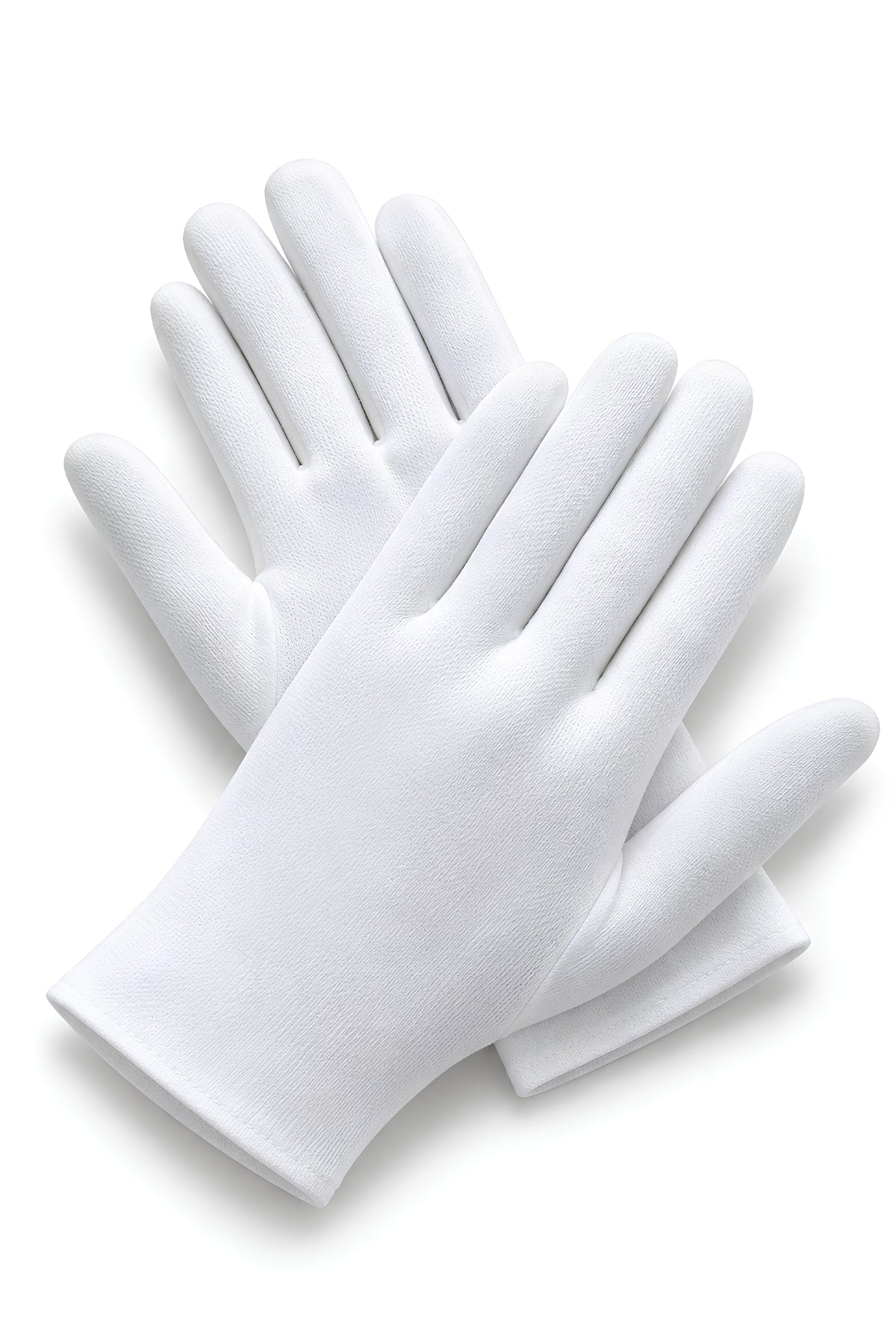 Pair of white cotton usher gloves displayed against a clean white background, showing the soft stretch fabric, full-finger design, and neat cuff finish.