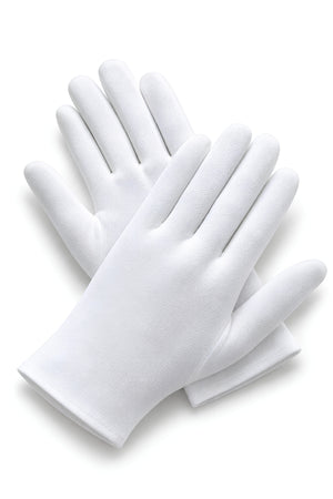 Pair of white cotton usher gloves displayed against a clean white background, showing the soft stretch fabric, full-finger design, and neat cuff finish.